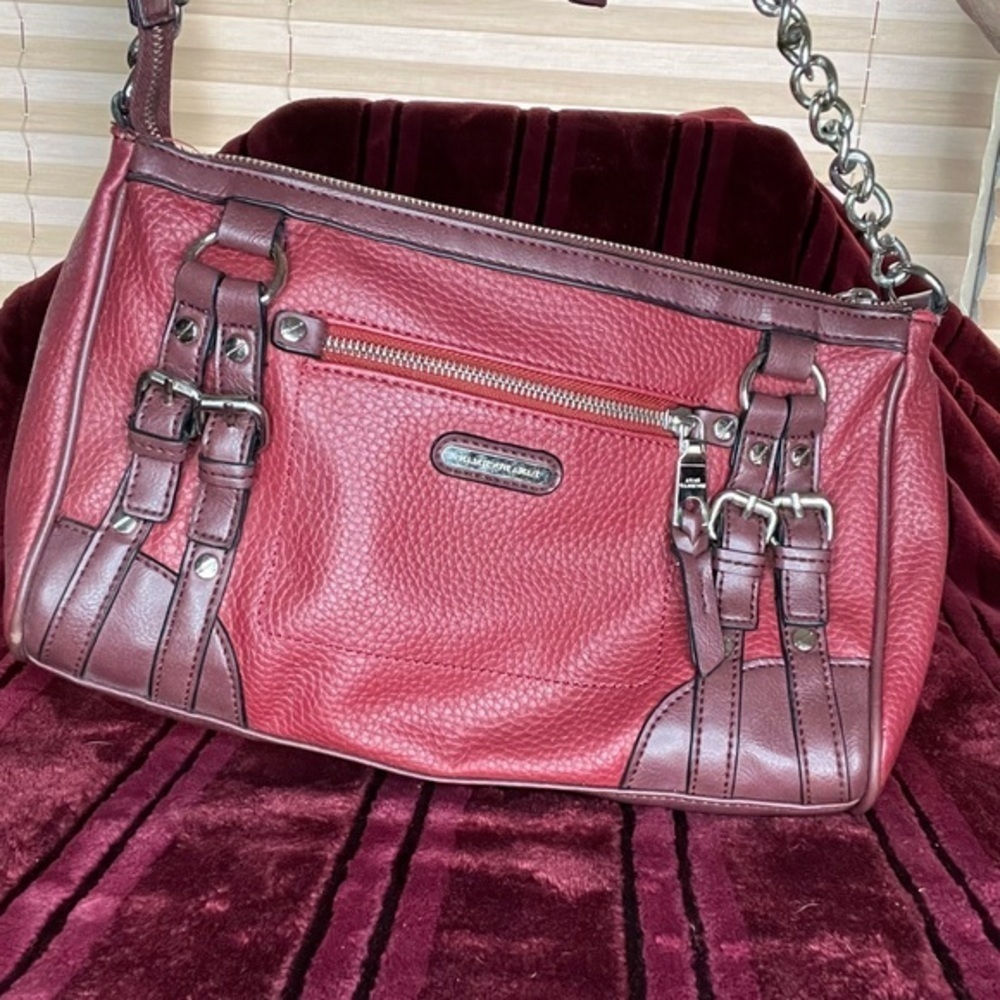 Dana Buchman Crossbody Bag, light wine/dark wine, 11.5”A,X8”V,X1.5”W Zip Top